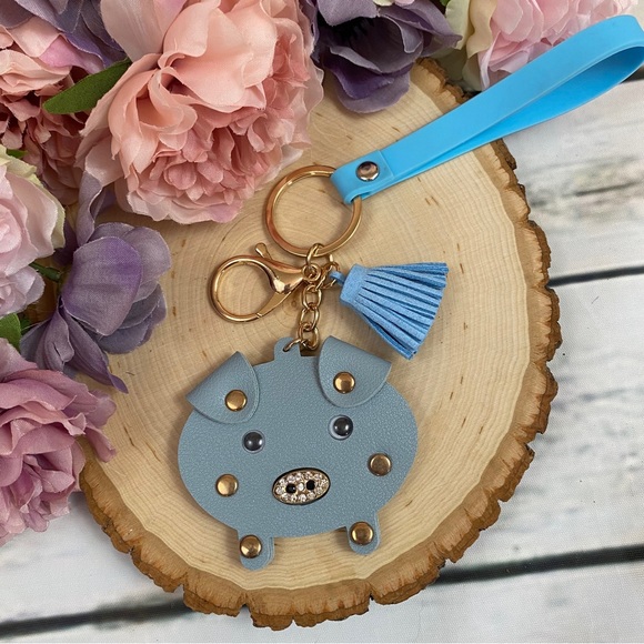 Dusty Blue Pig Keychain with Tassel and Wristband - Picture 2 of 7